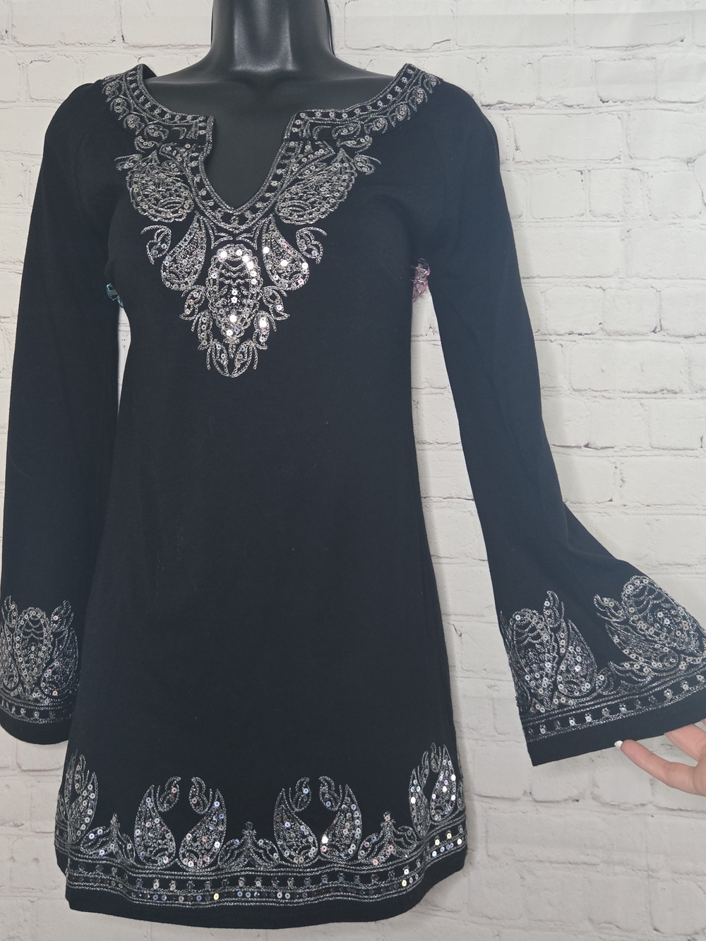 Y2k INC bell sleeve mini dress tunic silver paisley Sequin embroidery Whimsigoth